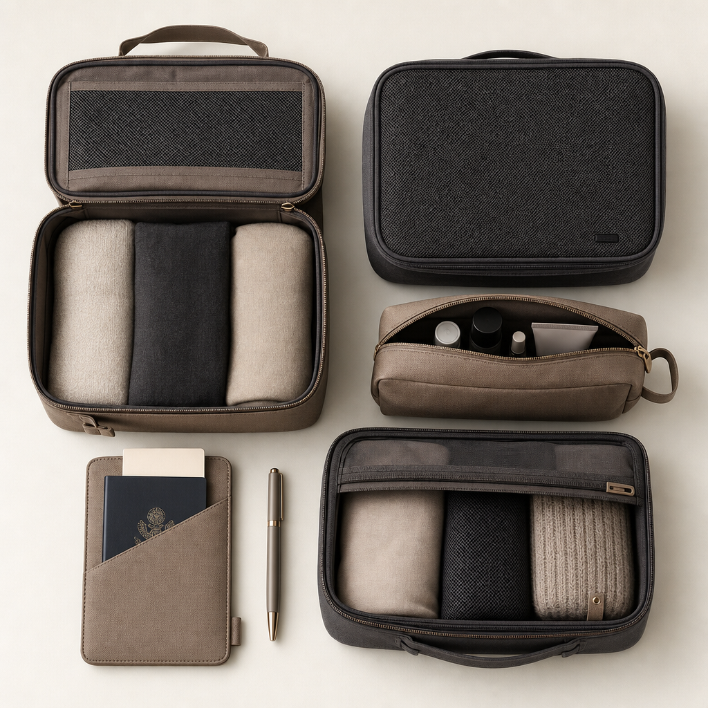 Minimalist carry-on organizer set with packing cubes, document sleeve, and slim toiletry pouch in neutral tones