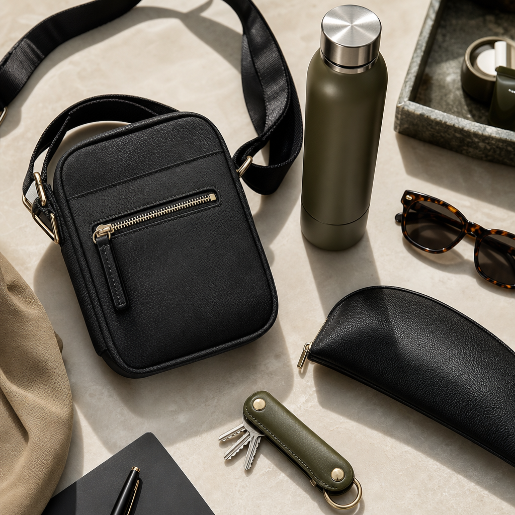Urban day kit with compact crossbody organizer, refillable water bottle, and smart sunglasses case