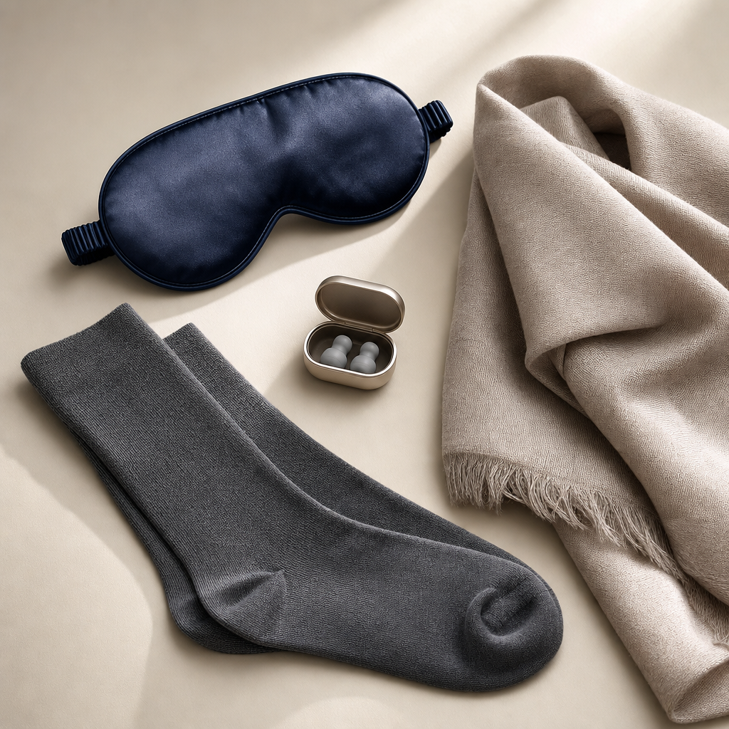 Luxury travel comfort set including eye mask, compression socks, and neck wrap laid out neatly