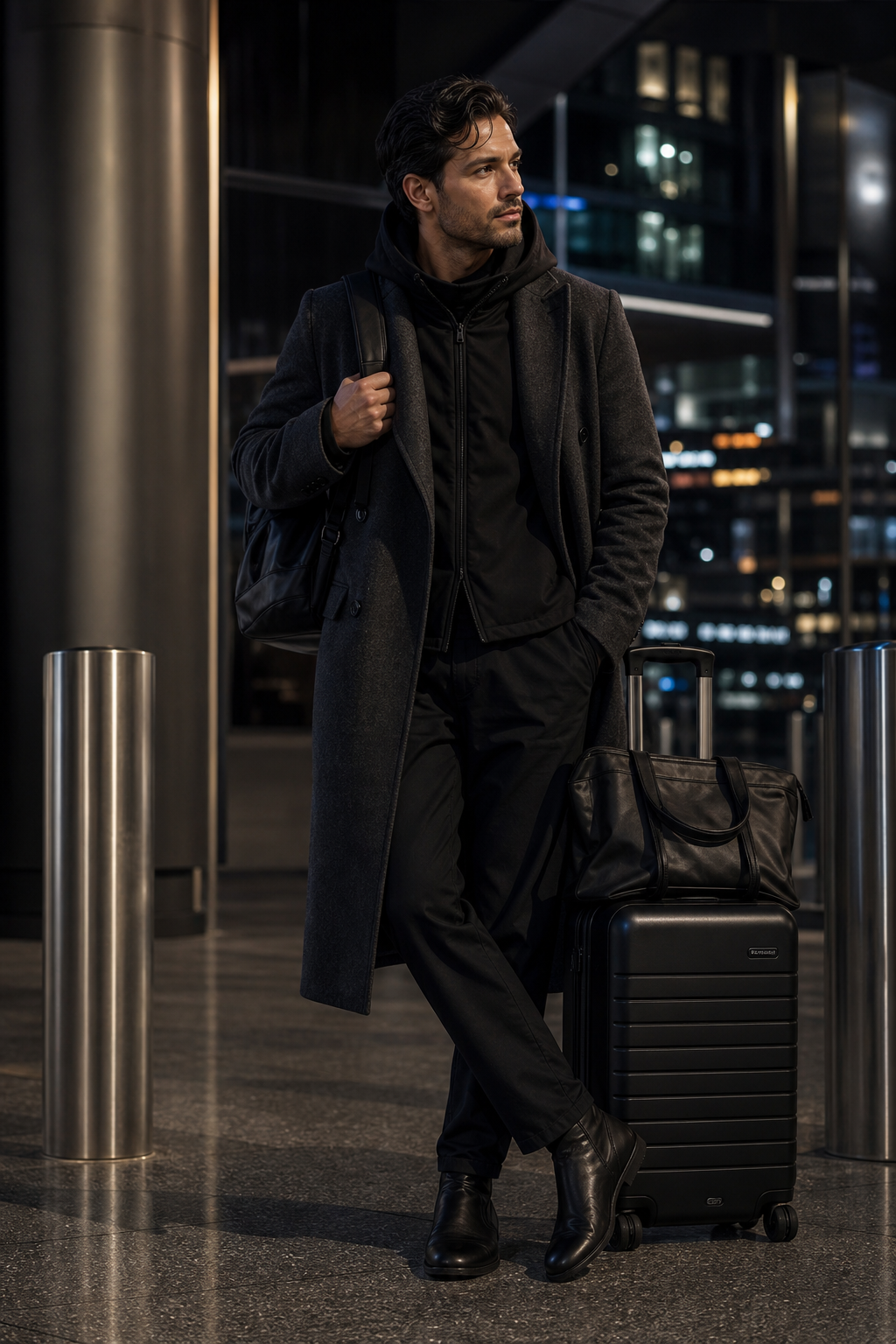 Nocturnal editorial travel portrait with refined darkwear layers and premium carry-on styling in an urban setting
