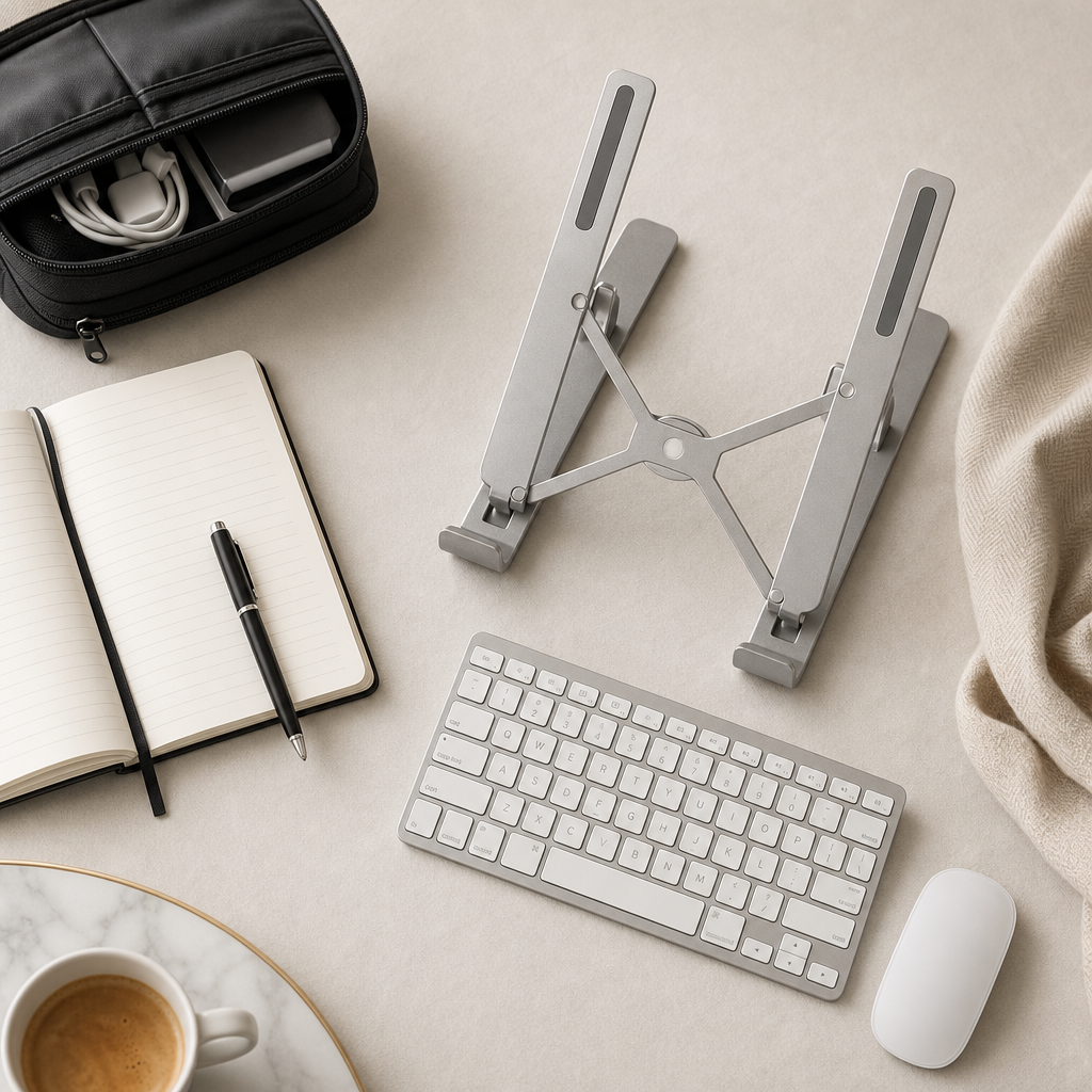 Compact hotel desk setup with foldable stand, wireless keyboard, and elegant notebook