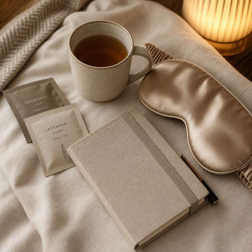 Evening travel ritual kit with herbal tea sachets, silk sleep mask, and compact journal