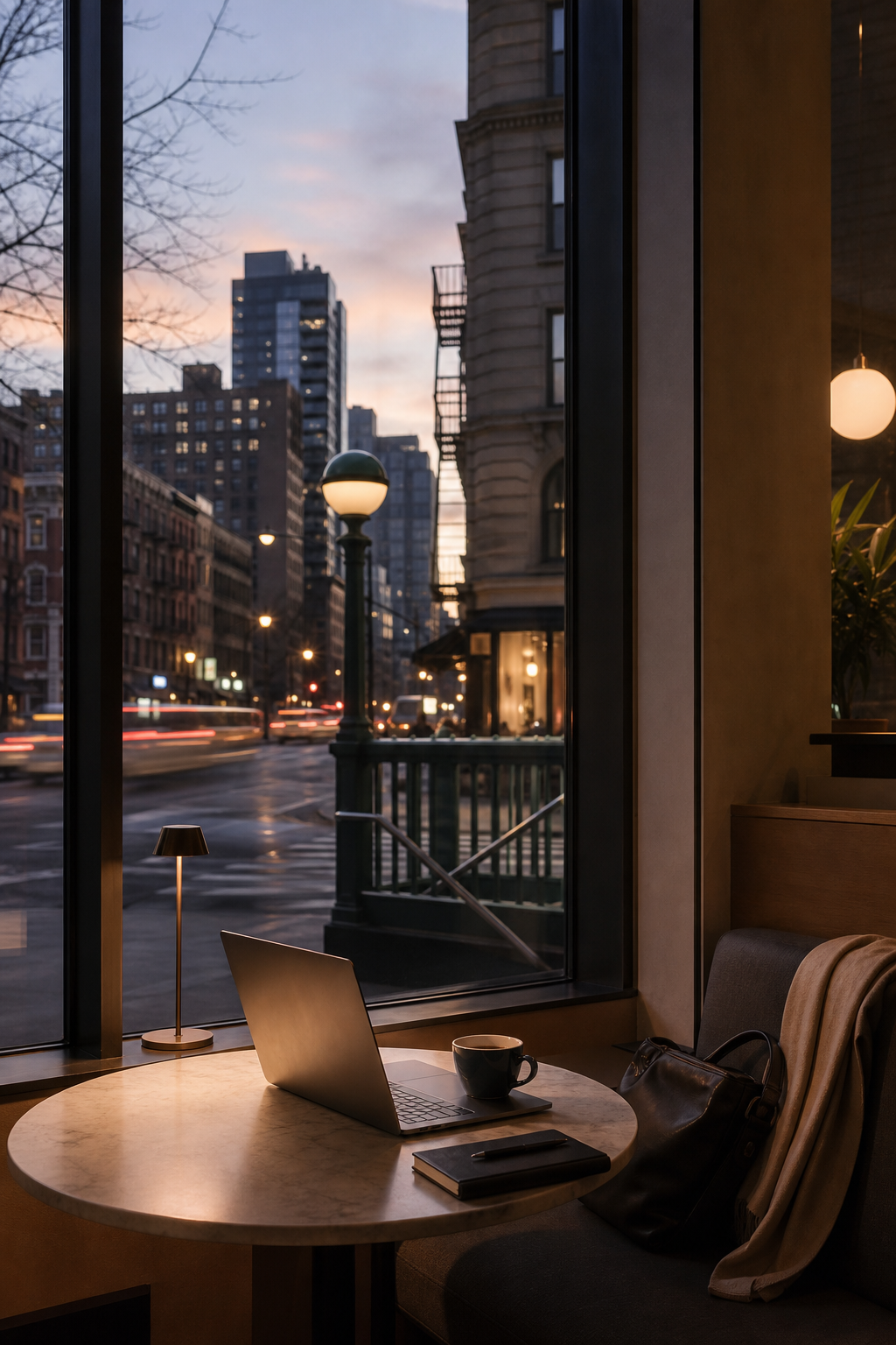Polished New York neighborhood workspace near a subway entrance at dusk, with soft traffic trails and calm editorial composition