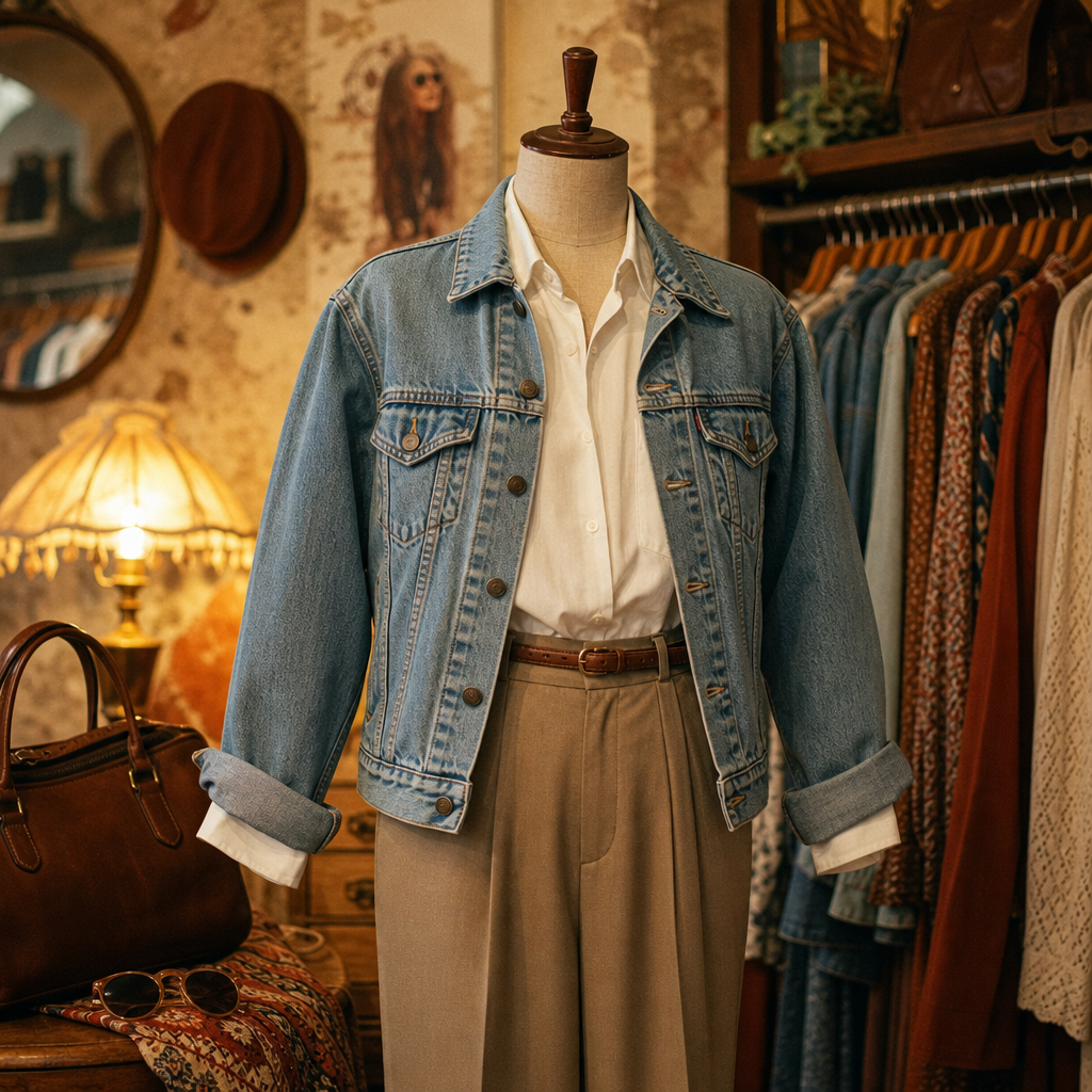 Vintage-inspired denim jacket layered over a crisp white shirt with tailored trousers, styled in a boutique setting
