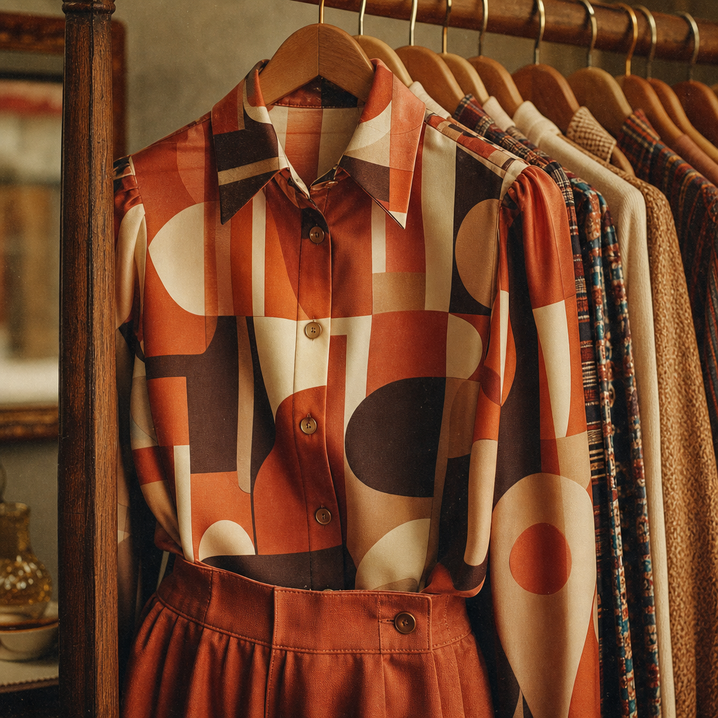 Bold geometric print blouse in earthy tones paired with high-waisted skirt on a clothing rack