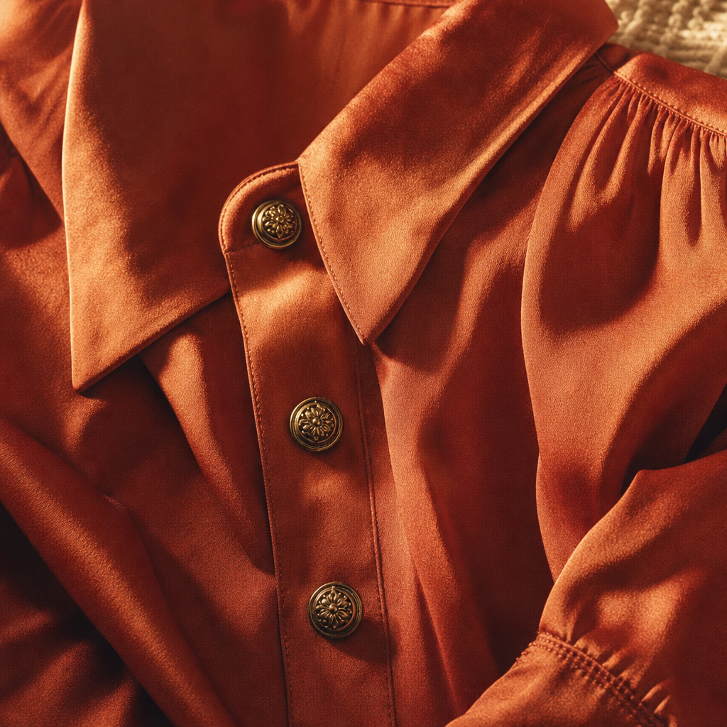 Close-up of a terracotta satin blouse with vintage buttons and soft highlights