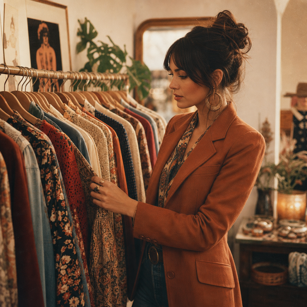 Warm film-style portrait of a fashion curator in a terracotta blazer browsing a rack of 70s and 80s garments