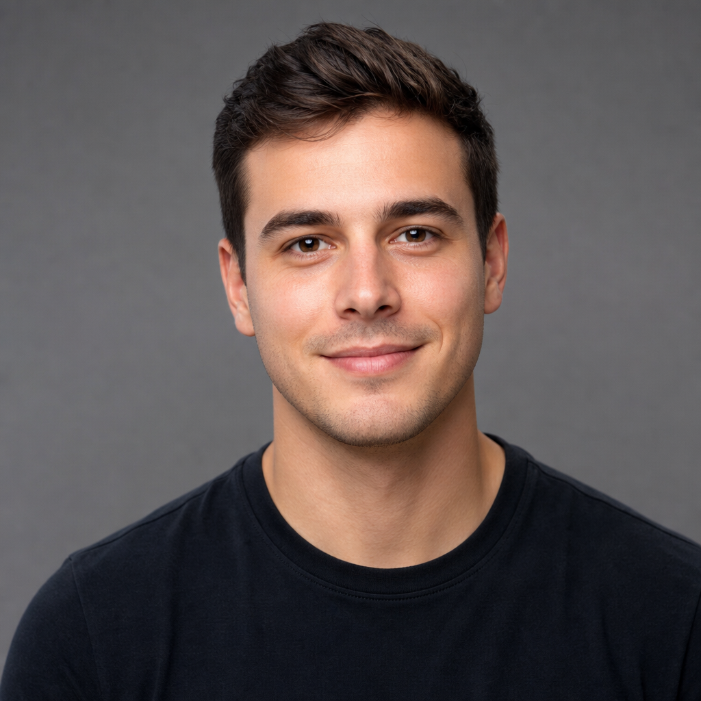 Portrait of Alex Thompson, a young man with short dark hair and a calm smile