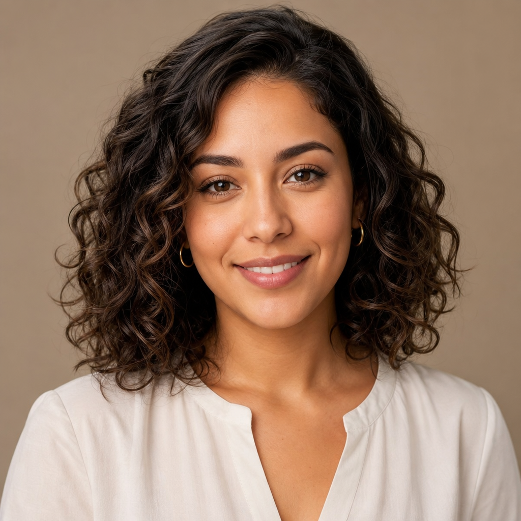 Portrait of Maya Rodriguez, a woman with shoulder-length curly hair wearing a subtle smile