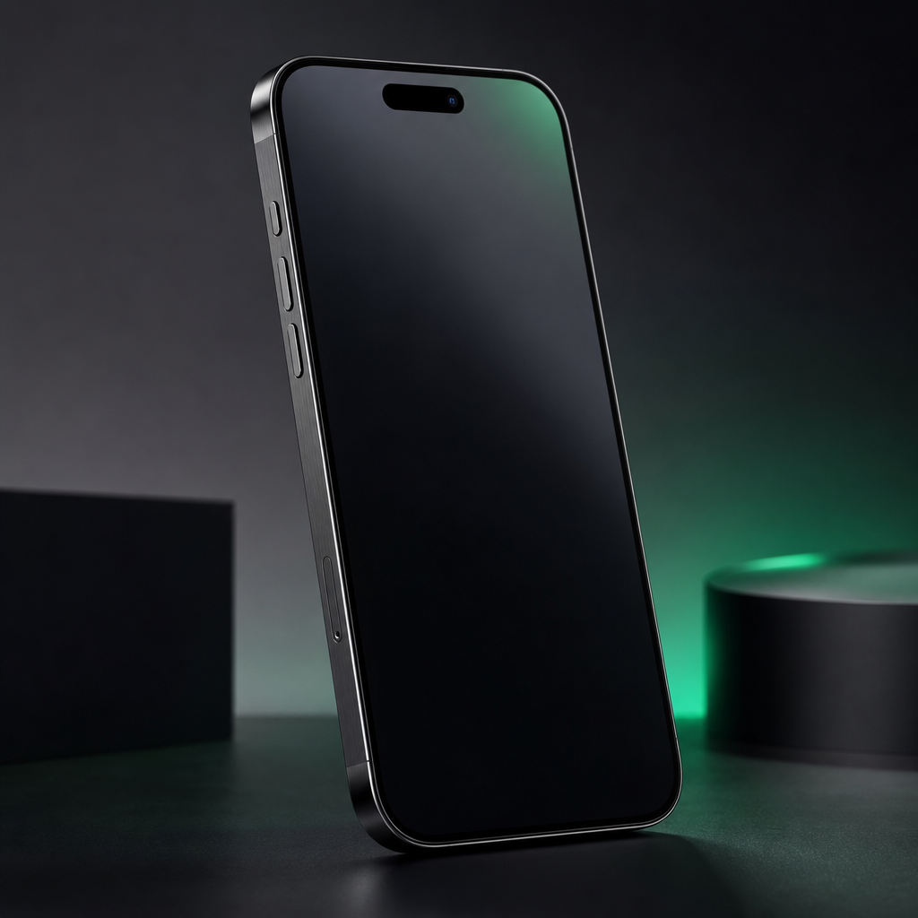 Midnight black iPhone with slim bezels and titanium edge, shown at a slight angle