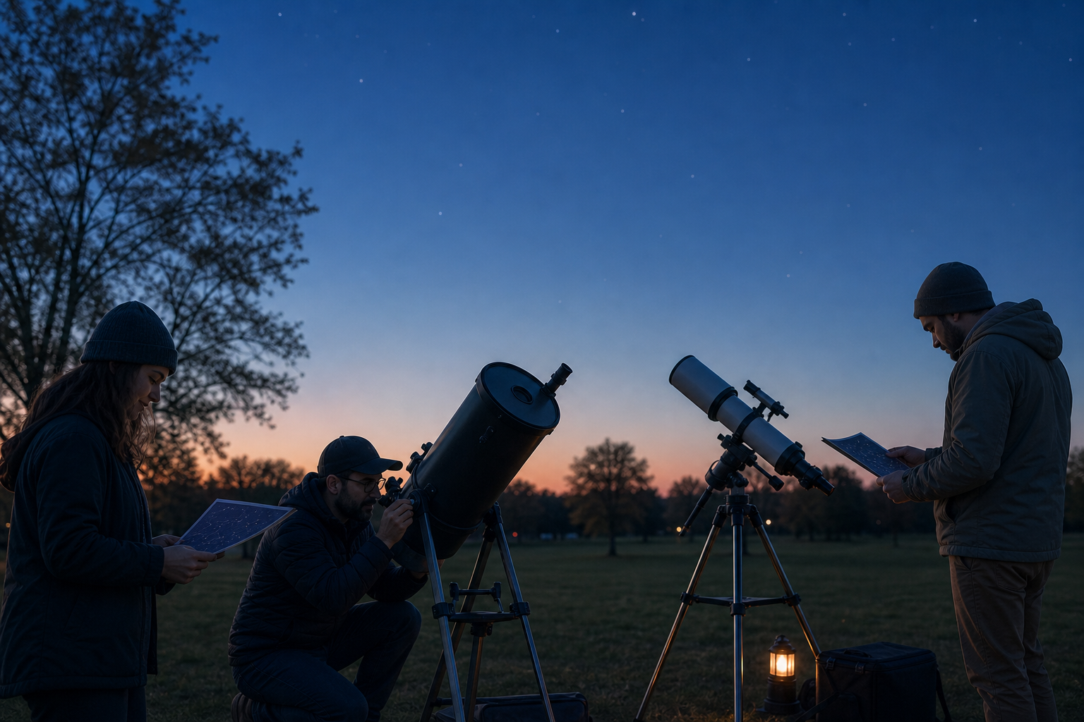 Small astronomy field setup at dusk with two telescopes and a few club members preparing for sky observation