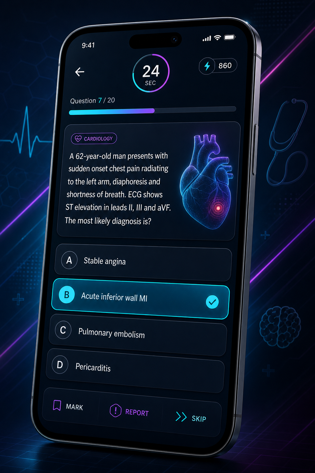 Main mobile app screen showing a timed medical quiz question with answer options, countdown timer, and score progress