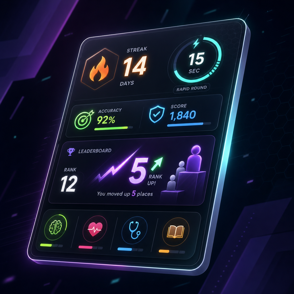 Angled floating app detail card with streak counter, rapid timer, and leaderboard jump indicator for quiz performance