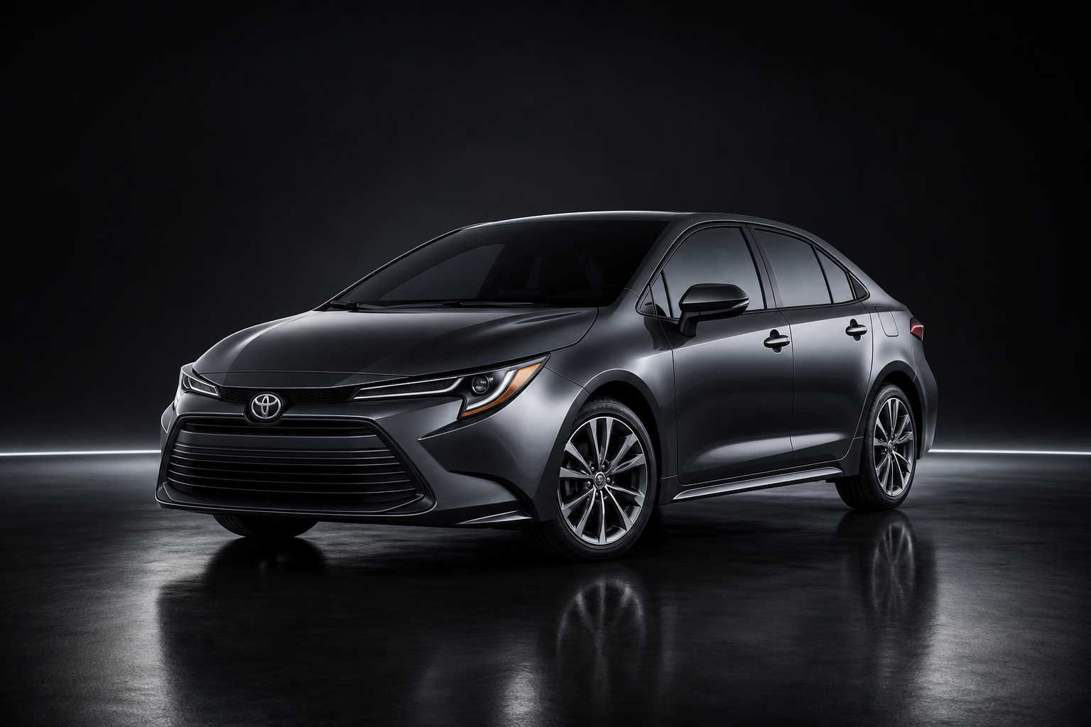 Sleek graphite-gray mid-range sedan parked under soft studio lighting with subtle reflections