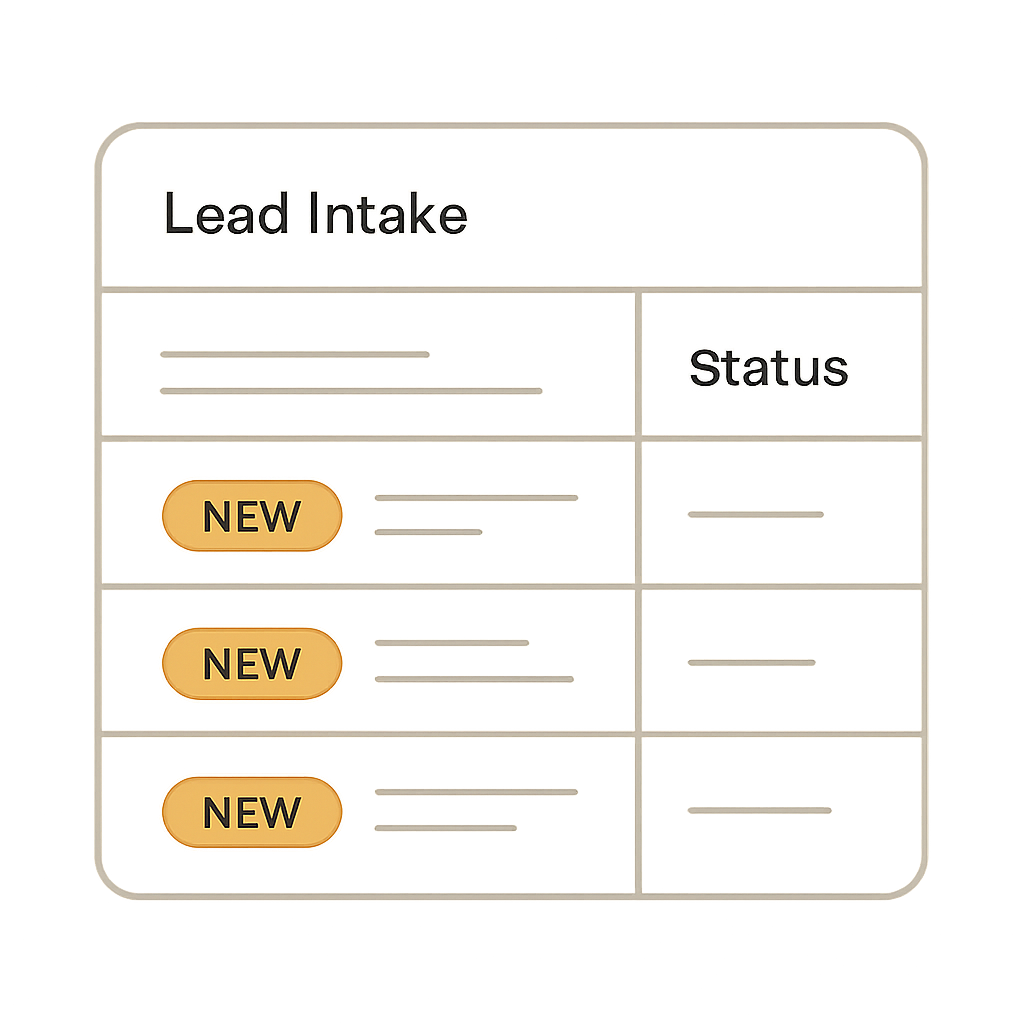 Compact lead capture dashboard tile with intake status and tags