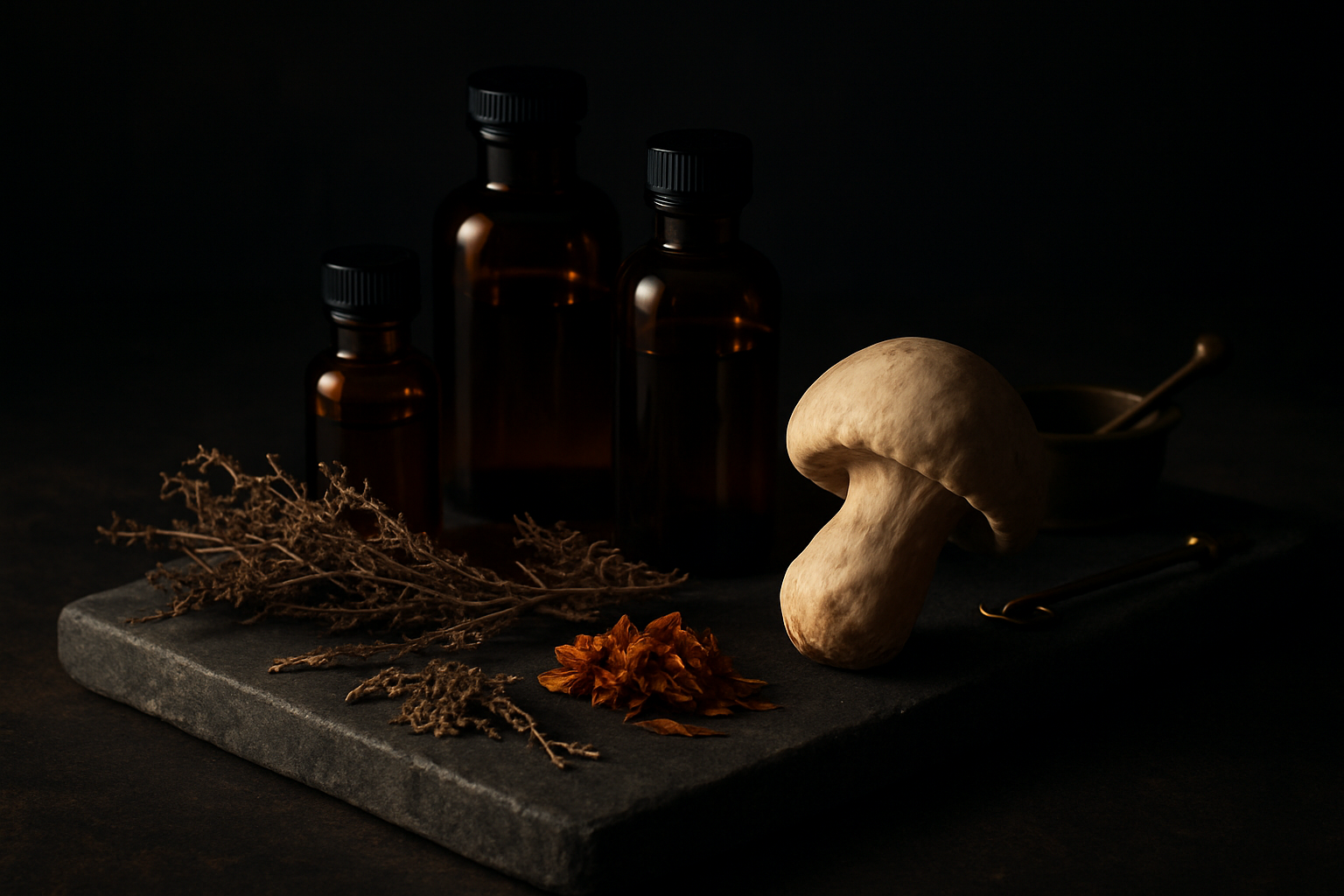 Dark apothecary still life with dried medicinal herbs, amber glass vials, and a pale mushroom on a stone slab