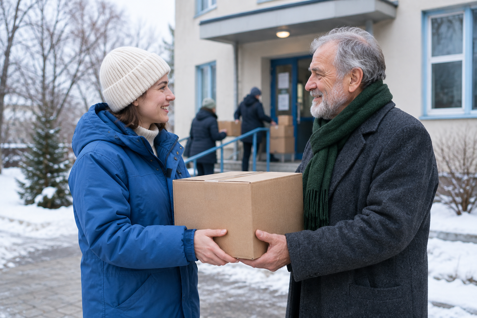 A volunteer hands a winter supply parcel to an older man outside a community center on a cold day