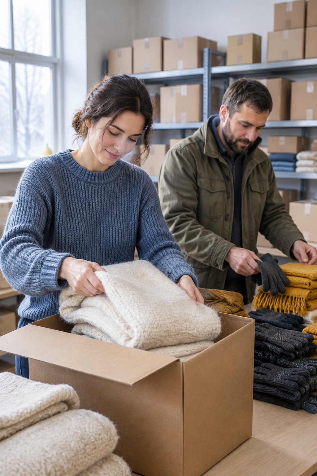 Volunteers packing warm blankets and winter supplies in a Ukrainian aid warehouse