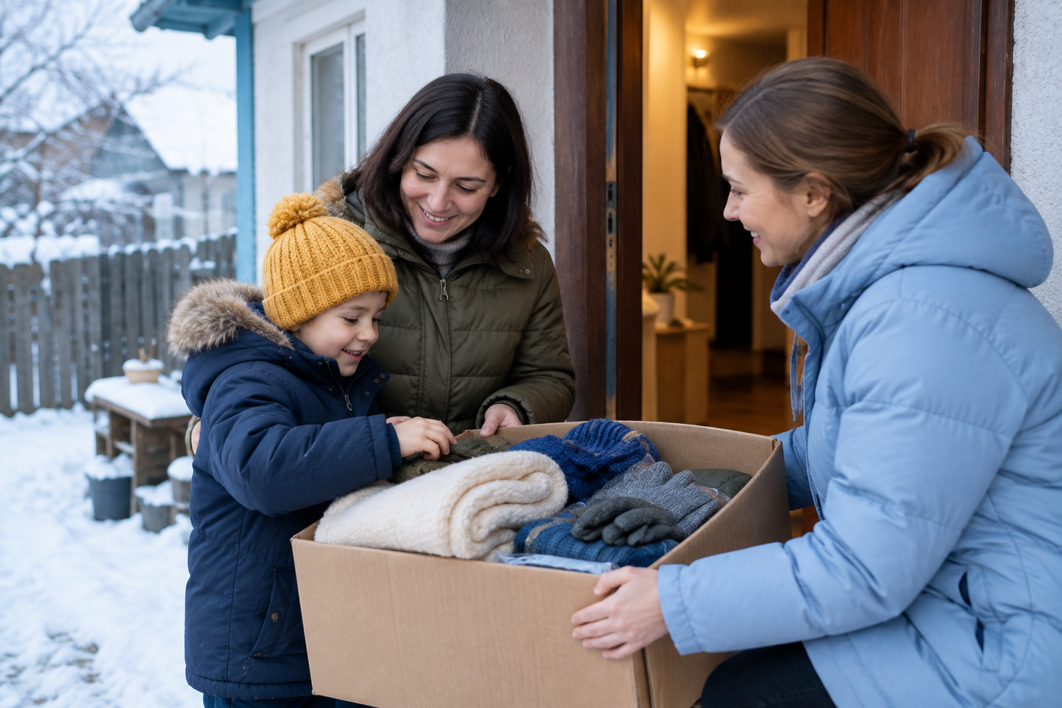 A mother and young child unpack a winter kit with a volunteer at their doorway