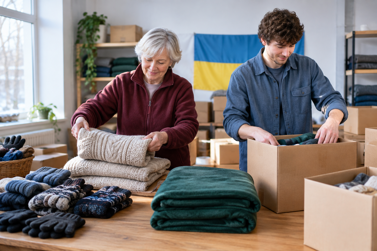 Two volunteers fold warm clothing and pack cardboard winter aid boxes