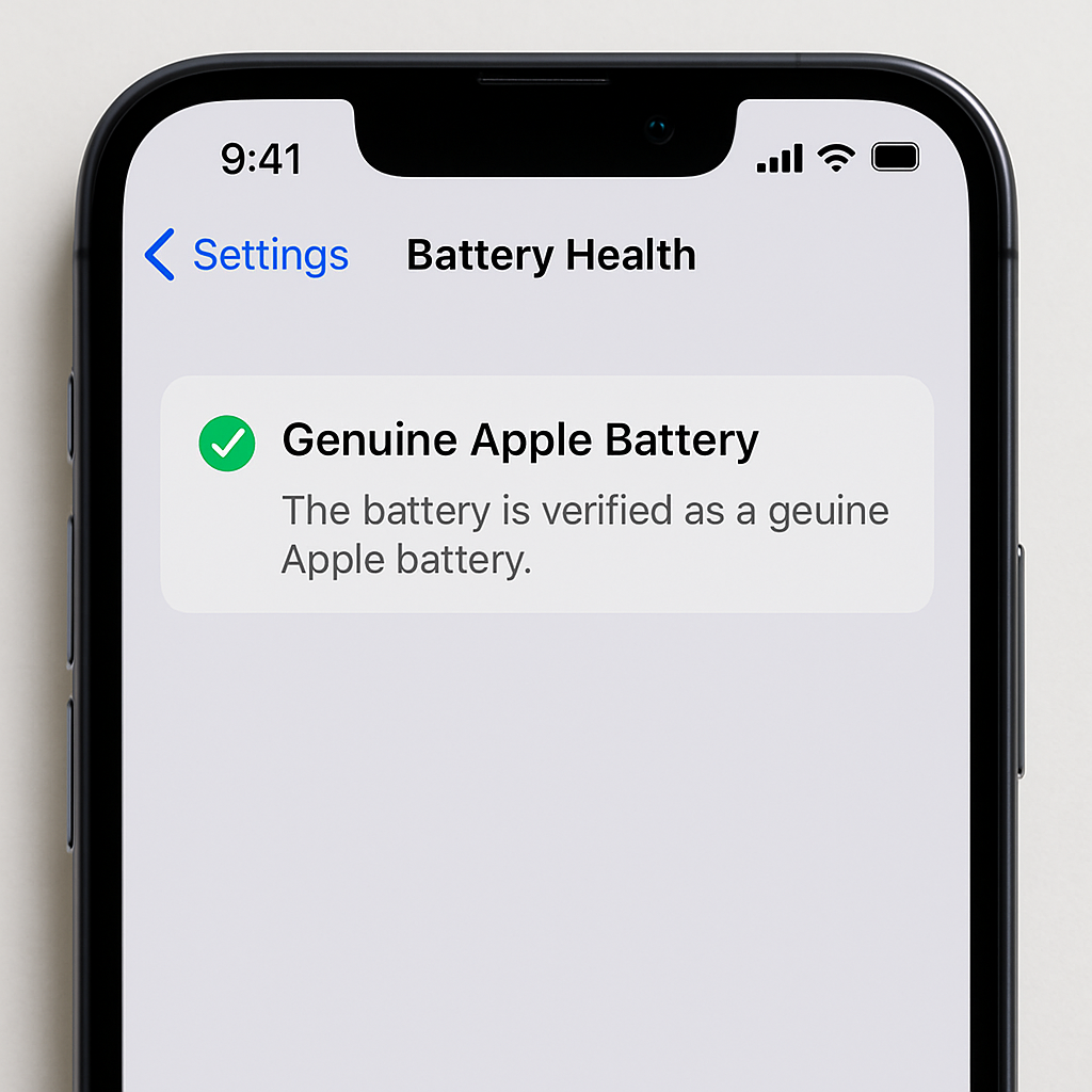 iPhone screen showing 'Genuine Apple Battery' status after replacement