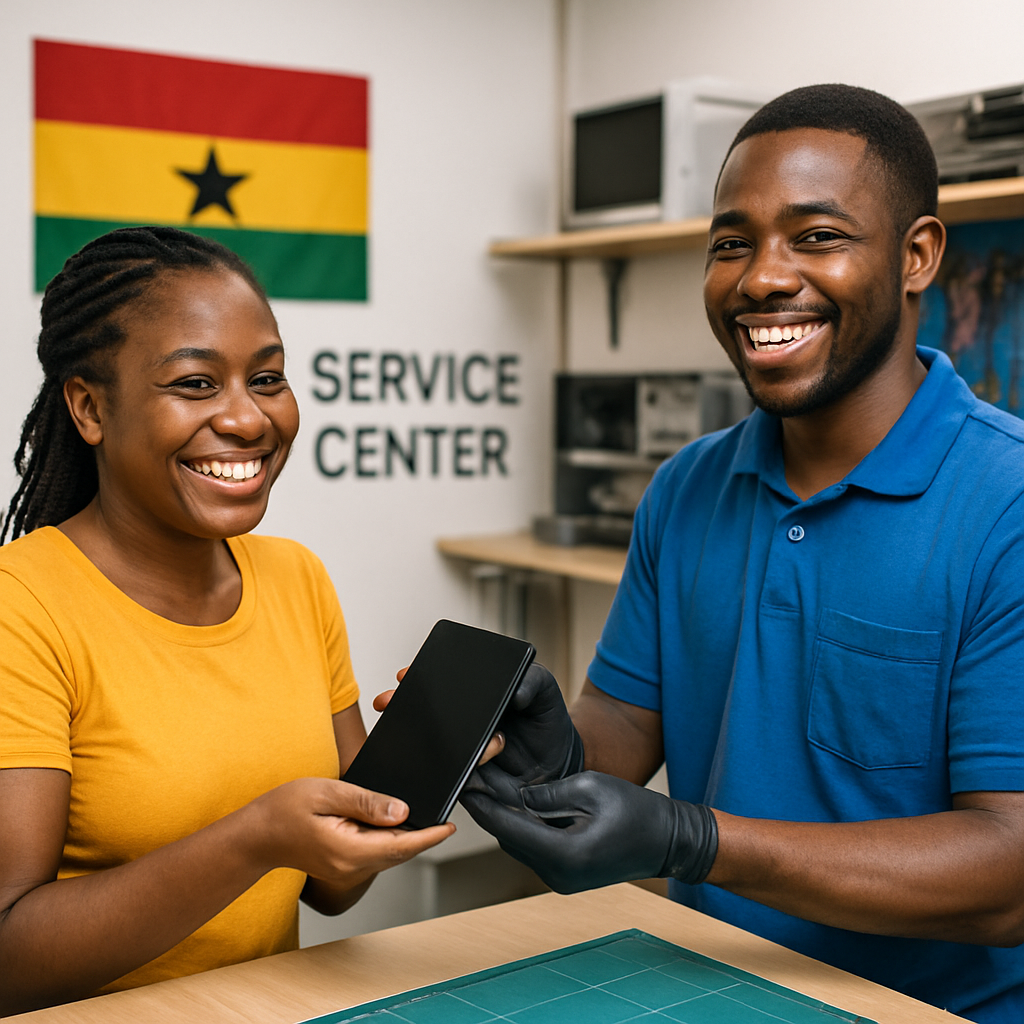 Happy customer receiving repaired phone