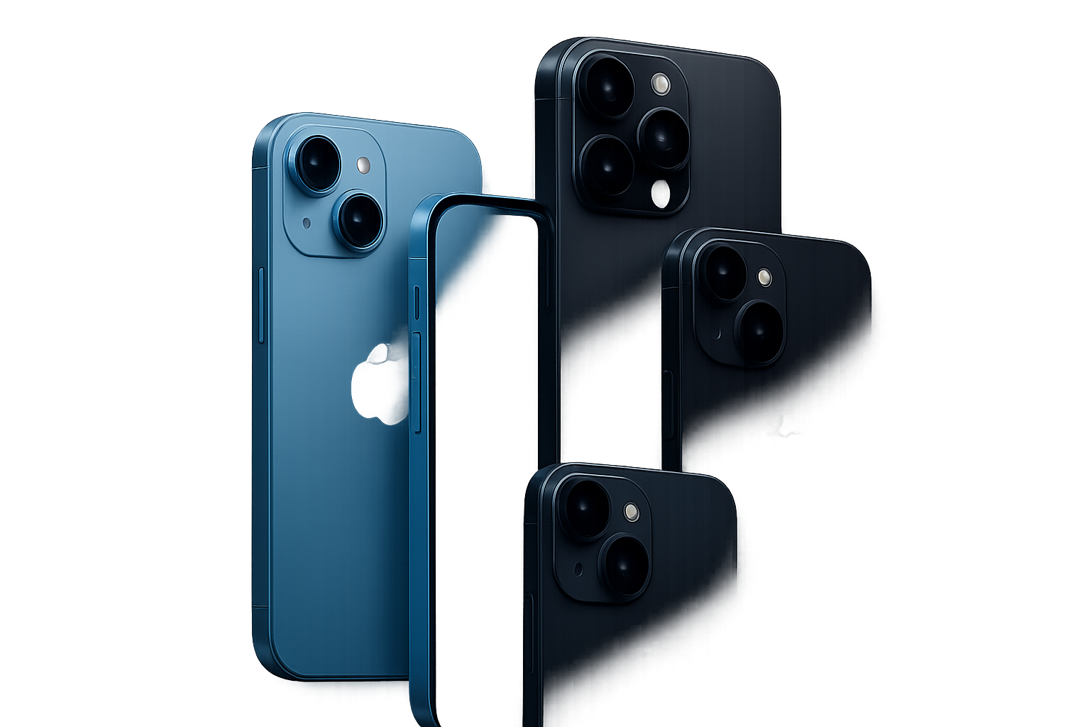 Latest iPhone models overlapping and beautifully lit, on a dark branded background with a subtle blue gradient glow