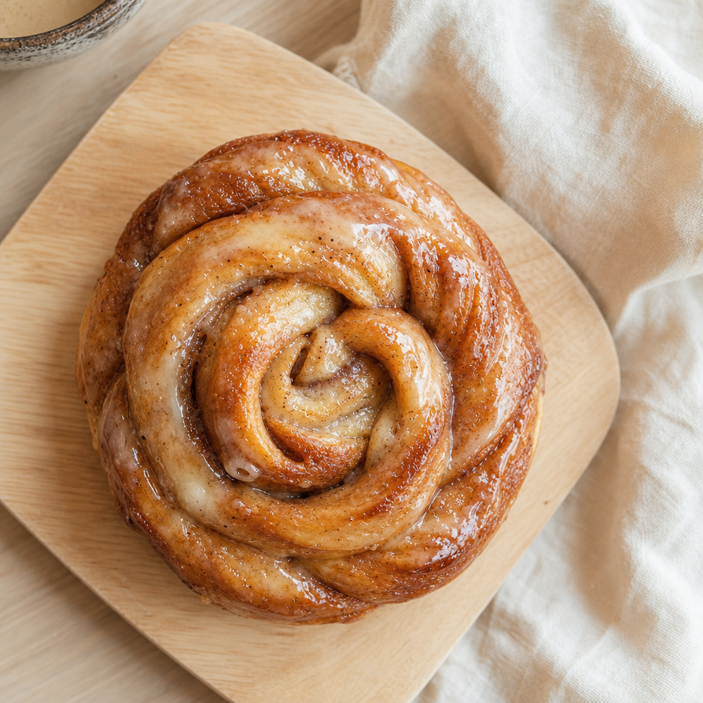 Warm cinnamon bun with glossy glaze on a wooden board