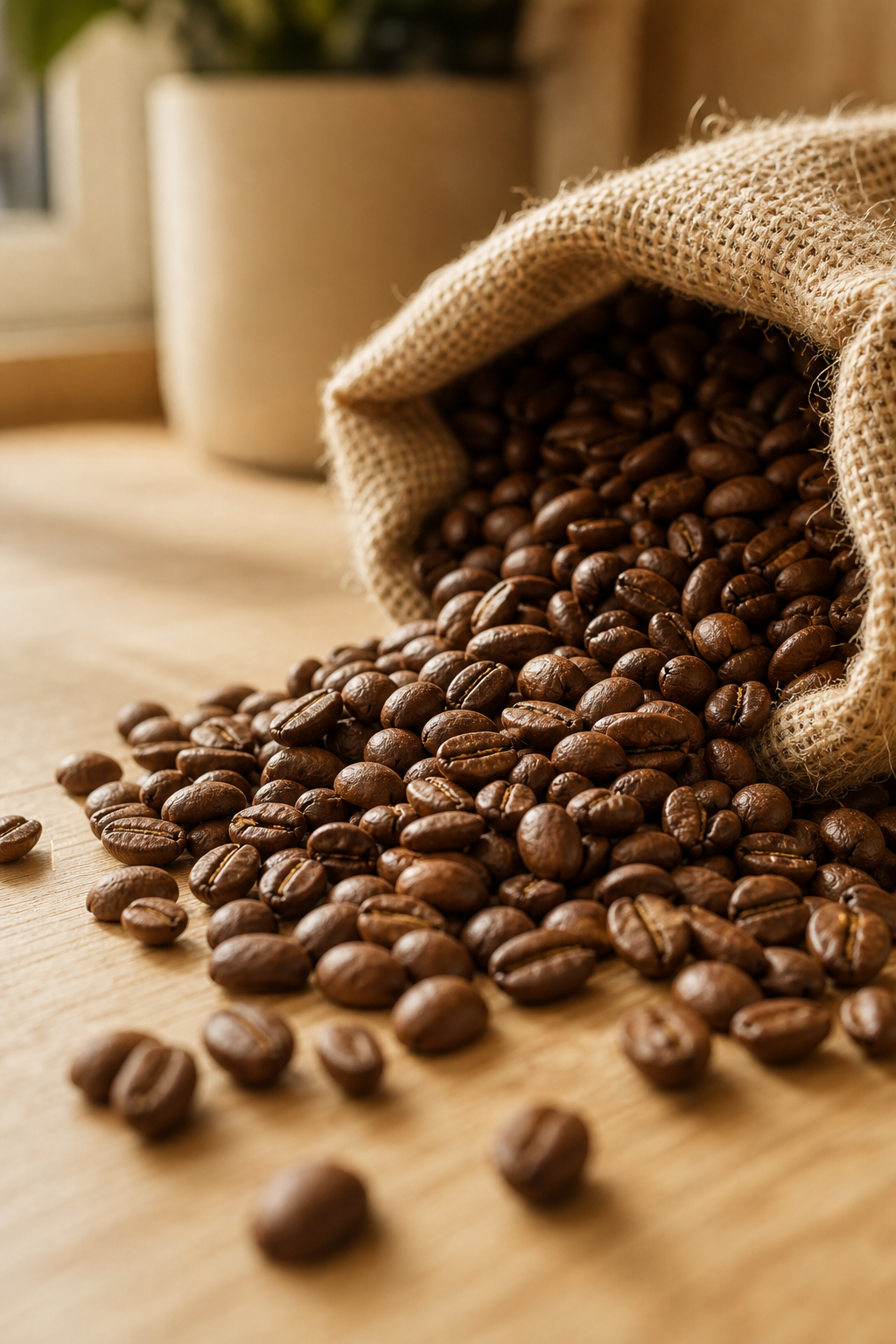 Close-up of roasted coffee beans spilling from a burlap sack on a wooden surface