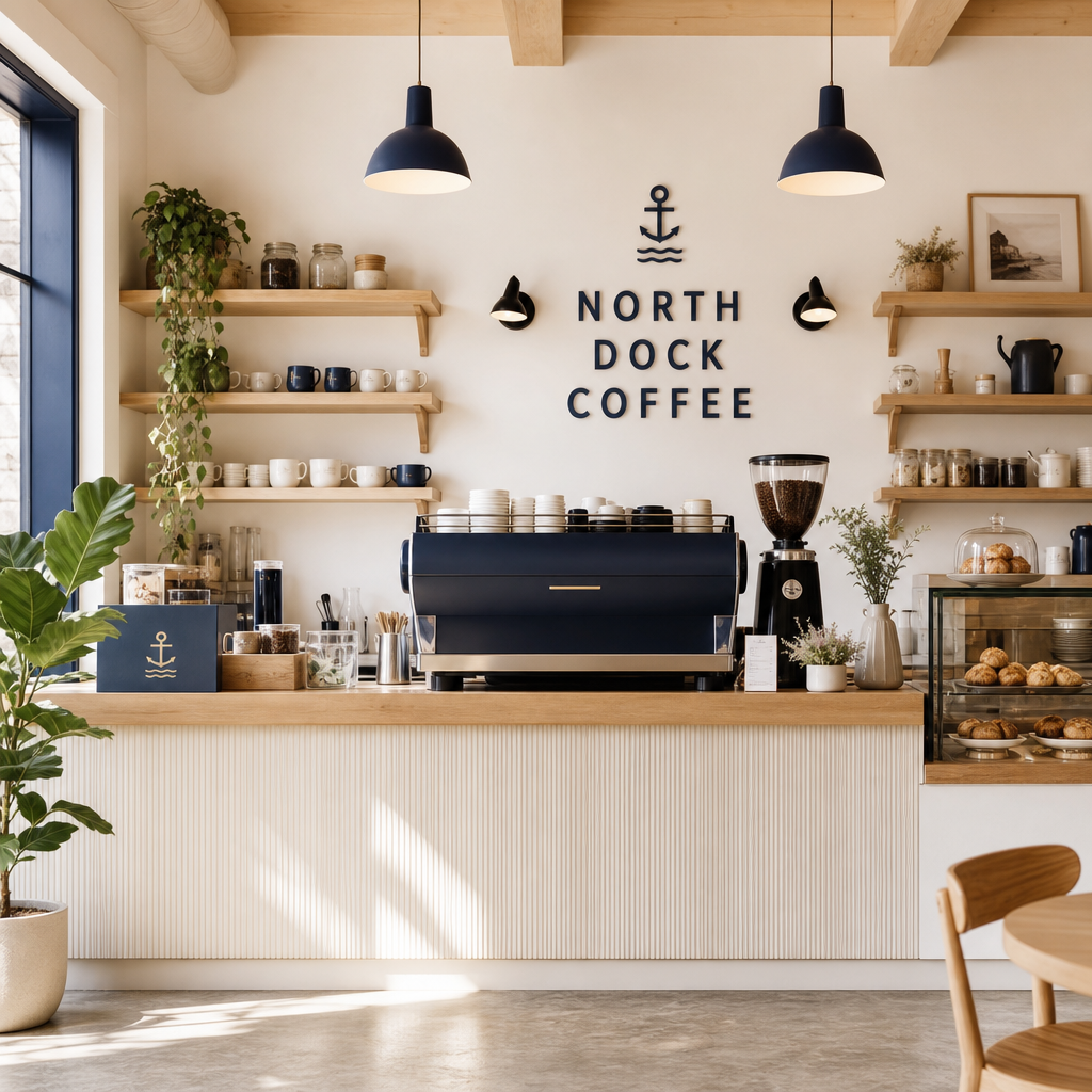 Wide view of the cafe counter with navy signage and light wood shelving