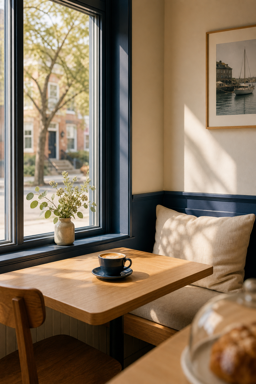 Cozy window seat with wooden table and warm lighting at North Dock Coffee