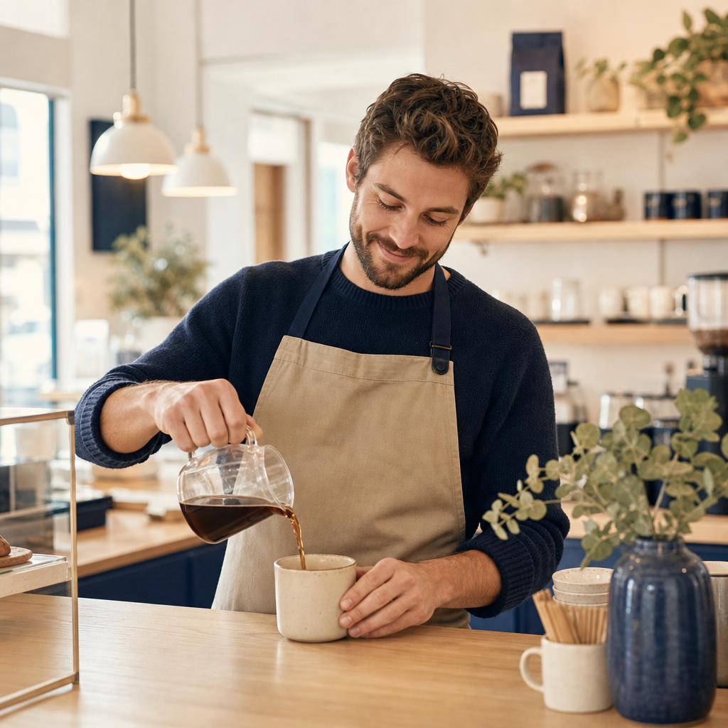 Cafe owner smiling warmly while preparing coffee behind a wooden counter