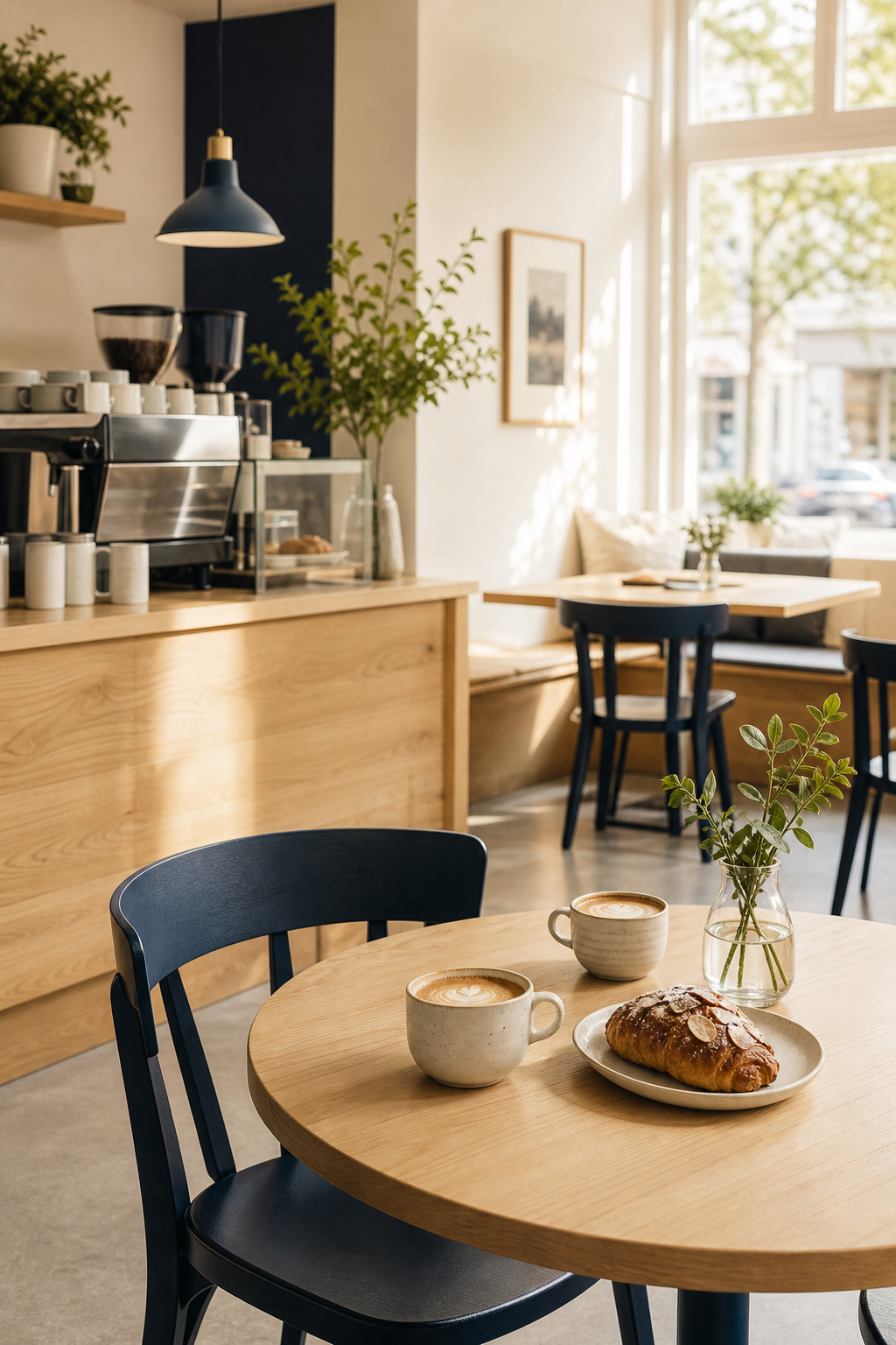 Cozy sunlit interior of North Dock Coffee with light wood tables, navy accent chairs, and steaming coffee cups