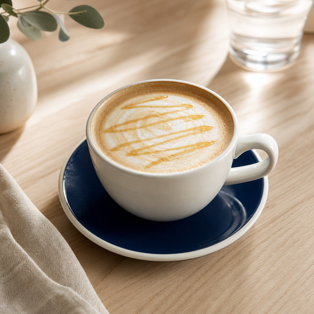 Latte with honey drizzle and oat milk foam in a ceramic cup