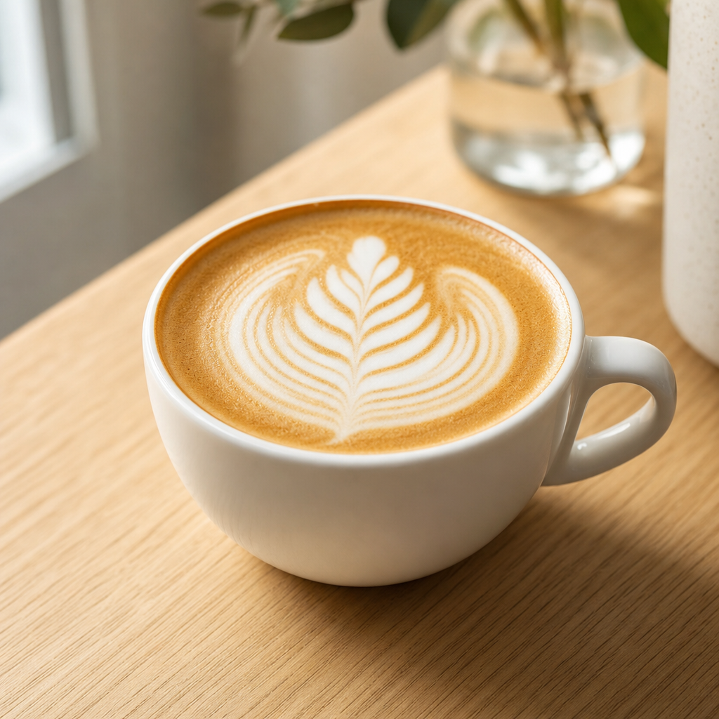 Latte with rosette art in a white ceramic cup on a light wood table