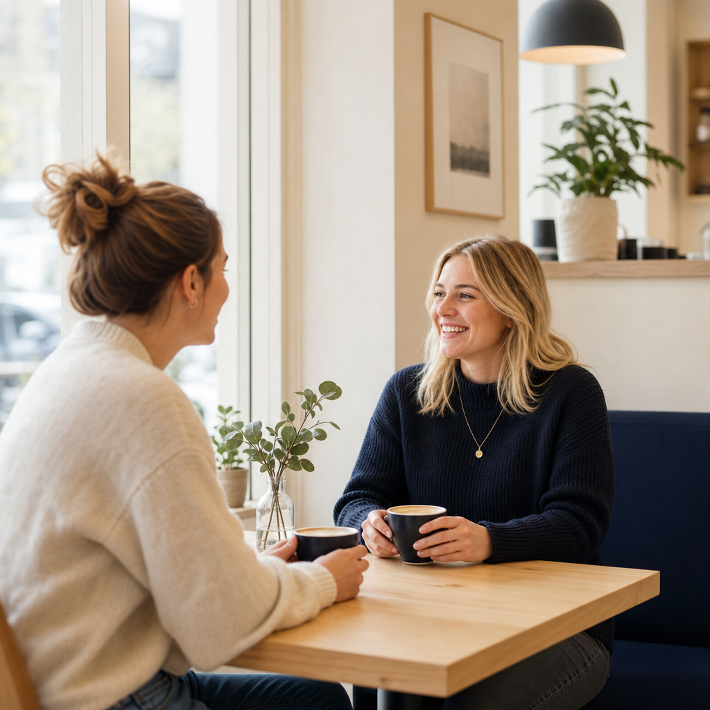 Two neighbors chatting over coffee at a light wood table near a bright window