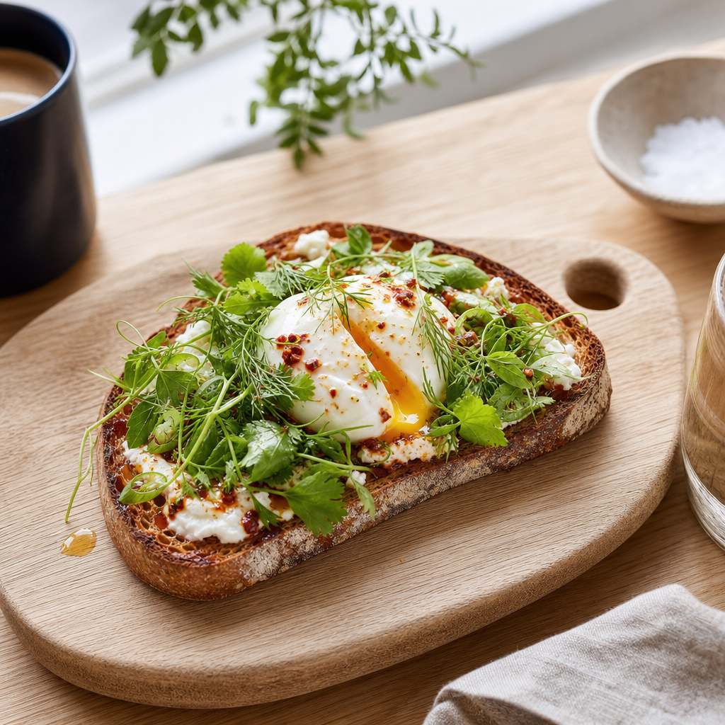 Open-faced sourdough toast with soft egg and greens on a wooden board