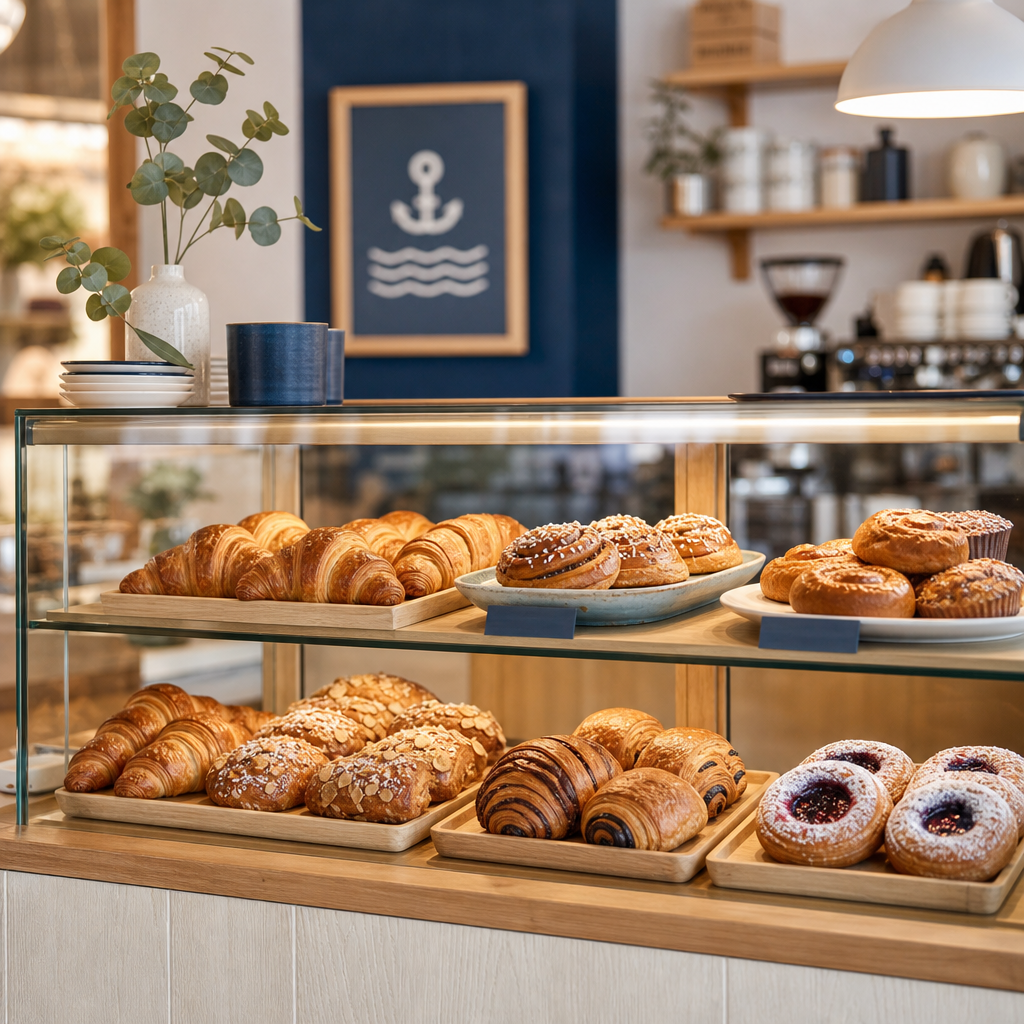 Glass display case with fresh croissants and pastries