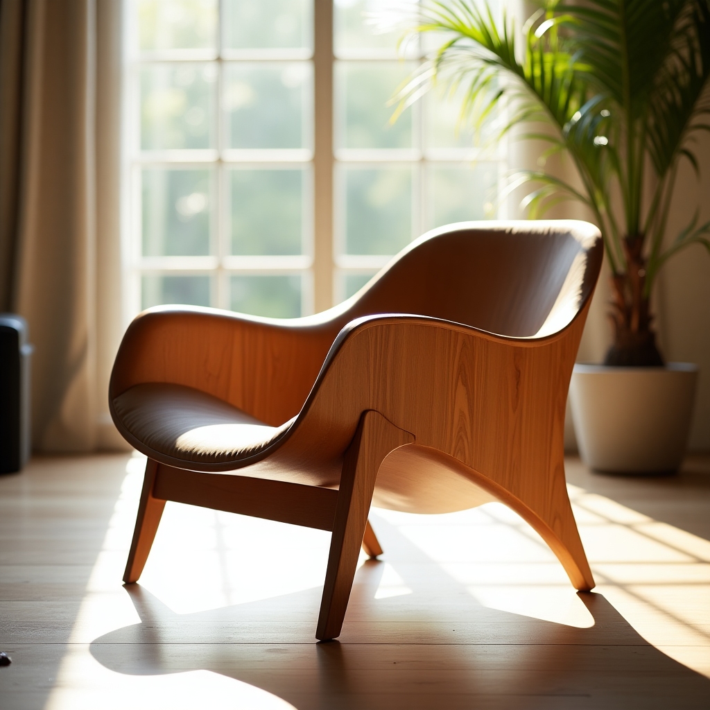 Designer wood chair with elegant curves and artisan joinery in a sunlit setting