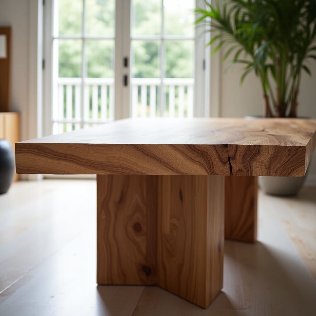 Elegant custom wood table with a smooth, polished top and expressive natural grain, staged in a light-filled modern interior. Premium artisan details.