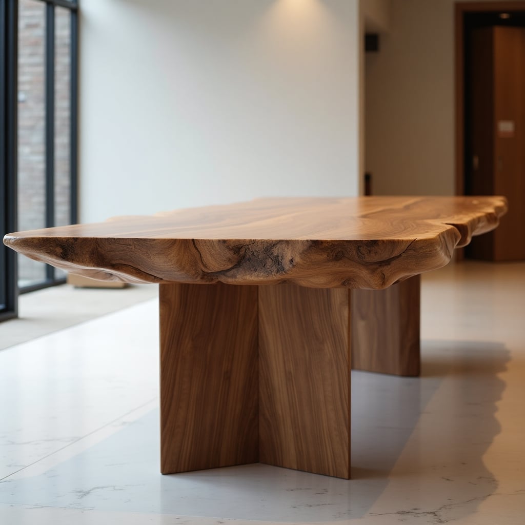 Elegant custom wood table with smooth top and natural grain, staged in a modern interior