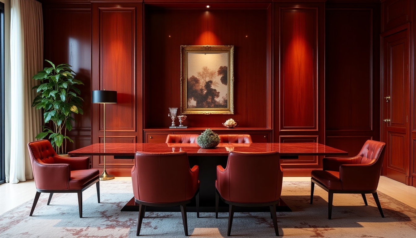 Expensive, opulent interior with luxurious polished red wood furniture, including designer chairs and a grand table in a sophisticated, aspirational setting for interior designers.
