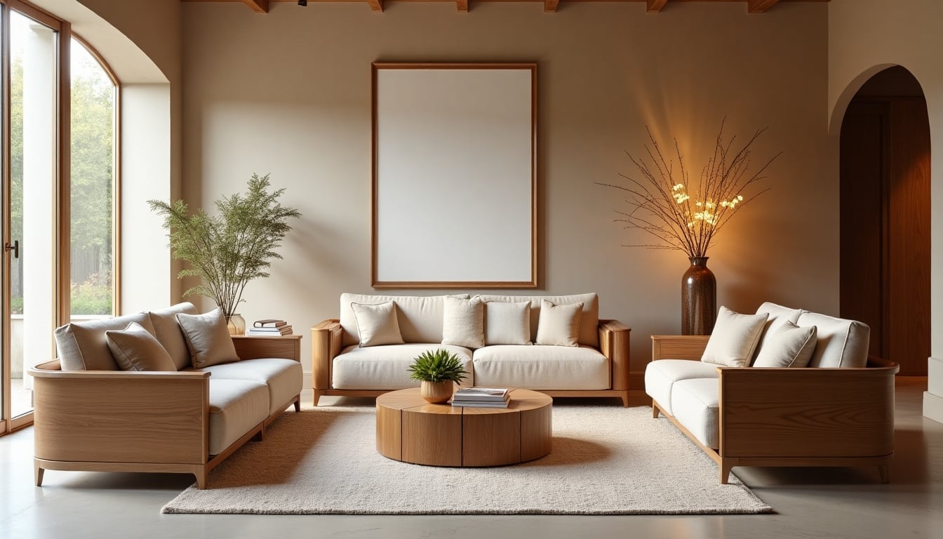 Elegant artisan wood furniture pieces arranged in a bright, welcoming interior.