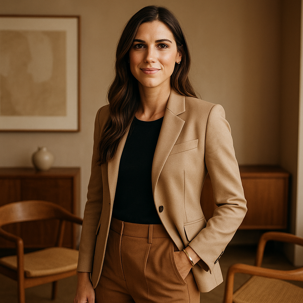Alex Morgan, interior designer in a modern studio with elegant wood furniture in the background