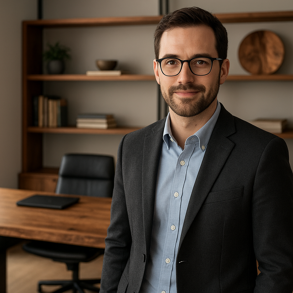 Isaac Reed, lead designer at Reed & Co., in a stylish office with a statement wood desk and bookshelf