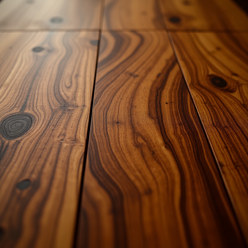 Close-up of luxurious polished wood grain with intricate artisan finishing, warm rich tones, and natural texture. Soft, elegant light.