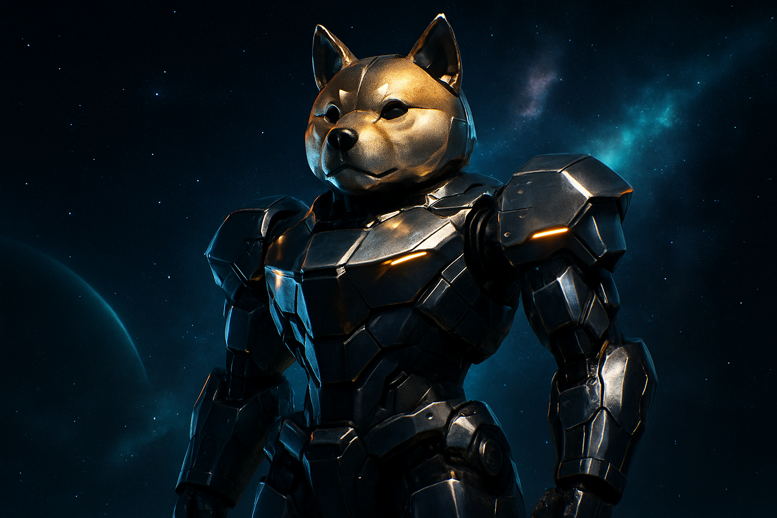 Humanoid mech with a distinctly Shiba Inu robotic head in deep space