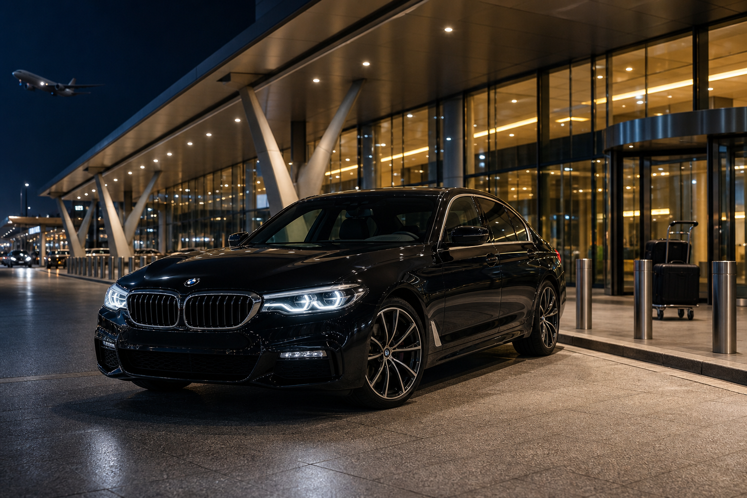 Black BMW 5 Series sedan positioned near an airport terminal entrance