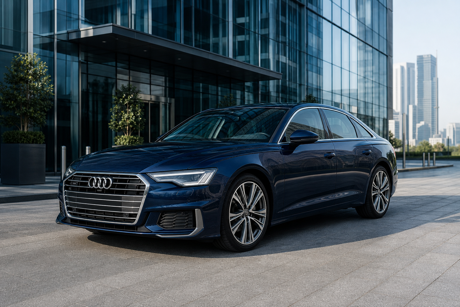 Dark blue Audi A6 sedan parked near a glass office tower