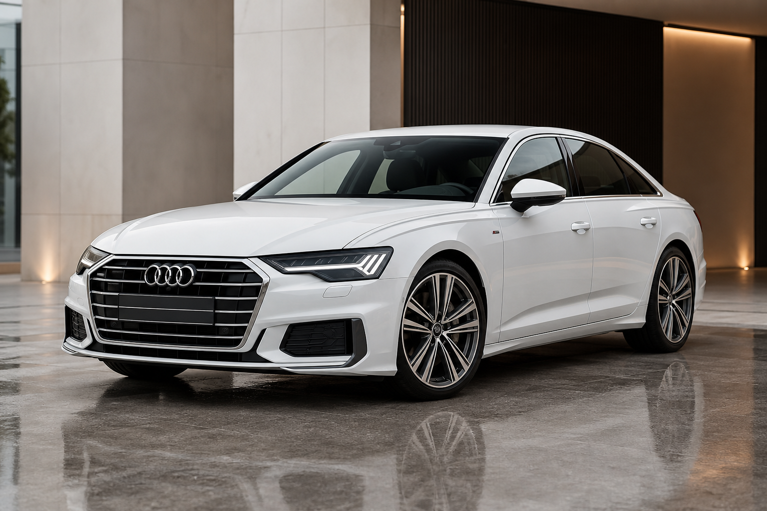 Audi A6 in pearl white with sleek LED headlights